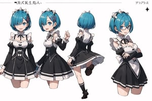 multiple views, Model sheet, masterpiece, best quality, looking at viewer, sugimori ken \(style\), {big milkers} (full body), 1girl,  {{{  roswaal mansion maid uniform, rem (re:zero), breasts, blue hair,Shiny smile, solo, hair over one eye, blue eyes, short hair, maid, cleavage, hair ornament, x hair ornament, (jumping),rises both legs,looking at viewer, detached sleeves, smile, open mouth, ribbon, pink ribbon, hair ribbon }}}, semi-nude, mom and daughter, 1girl, {White background} <<big milkers>> SMAce, masterpiece, best quality, , masterpiece, {{illustration}}, {best quality}, {{hi res}},tashigi,glasses,AGE REGRESSION