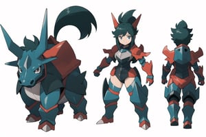 multiple views, Model sheet, masterpiece, best quality, looking at viewer, sugimori ken \(style\), {big milkers} (full body), 1girl,  {{{grey rock armor, plate armor}}}, semi-nude, mom and daughter, 1girl, {White background} <<big milkers>>Rhyhorn, Inko Midoriya,  rock rhino, Rhyhorn, Ground type, InkoMidoriya, 