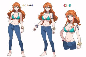 multiple views, Model sheet, masterpiece, best quality, looking at viewer, sugimori ken \(style\), {big milkers} (full body), 1girl,  {{{ nami, 1 girl, alone, long hair, breasts, big breasts, navel, holding, cleavage, brown eyes, jewelry, closed mouth, swimsuit, bikini, earrings, outdoors, abdomen, pants, stomach, orange hair, bracelet , tattoo, denim, bikini_top_only, fish, pants, underwater, railing, blue pants, armband, arm tattoo, boat, bikini_green, shoulder tattoo, post  }}}, semi-nude, mom and daughter, 1girl, {White background} <<big milkers>> SMAce, masterpiece, best quality, , masterpiece, {{illustration}}, {best quality}, {{hi res}},