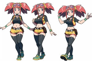 multiple views, Model sheet, masterpiece, best quality, looking at viewer, sugimori ken \(style\), {big milkers} (full body), 1girl, {{{Zoe Drake,1girl, blush, bangs, navel, twintails, jewelry, purple eyes, pink hair, goggles, goggles on head,choker, midriff, open clothes, thighhighs, crop top, open vest, shorts, shoes, belt, wristband,black thighhighs, black crop top, yellow vest, yellow shorts, green shoes, vest over crop top,  }}}, semi-nude, mom and daughter, 1girl, {White background} <<big milkers>> SMAce, masterpiece, best quality, masterpiece, perfect hands, tight pants, thick thighs {{illustration}}, {best quality}, {{hi res}},mallow \(pokemon\)