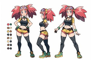 multiple views, Model sheet, masterpiece, best quality, looking at viewer, sugimori ken \(style\), {big milkers} (full body), 1girl, {{{Zoe Drake,1girl, blush, bangs, navel, twintails, jewelry, purple eyes, pink hair, goggles, goggles on head,choker, midriff, open clothes, thighhighs, crop top, open vest, shorts, shoes, belt, wristband,black thighhighs, black crop top, yellow vest, yellow shorts, green shoes, vest over crop top,  }}}, semi-nude, mom and daughter, 1girl, {White background} <<big milkers>> SMAce, masterpiece, best quality, masterpiece, perfect hands, tight pants, thick thighs {{illustration}}, {best quality}, {{hi res}},mallow \(pokemon\)