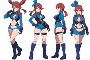 multiple views, Model sheet, masterpiece, best quality, looking at viewer, sugimori ken \(style\), {big milkers} (full body), 1girl,  {{{(pokemonskyla, blue eyes, hair ornament, one side up, red hair, short hair with long locks, sidelocks,BREAK blue footwear, blue gloves, blue jacket, blue shorts, boots, crop top, cropped jacket, gloves, jacket, midriff, navel, short shorts, shorts, thigh pouch}}}, semi-nude, mom and daughter, 1girl, {White background} <<big milkers>> SMAce, masterpiece, best quality, , masterpiece, {{illustration}}, {best quality}, {{hi res}},Kanna Kamui 



