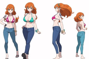 multiple views, Model sheet, masterpiece, best quality, looking at viewer, sugimori ken \(style\), {big milkers} (full body), 1girl,  {{{ nami, 1 girl, alone, long hair, breasts, big breasts, navel, holding, cleavage, brown eyes, jewelry, closed mouth, swimsuit, bikini, earrings, outdoors, abdomen, pants, stomach, orange hair, bracelet , tattoo, denim, bikini_top_only, fish, pants, underwater, railing, blue pants, armband, arm tattoo, boat, bikini_green, shoulder tattoo, post  }}}, semi-nude, mom and daughter, 1girl, {White background} <<big milkers>> SMAce, masterpiece, best quality, , masterpiece, {{illustration}}, {best quality}, {{hi res}},