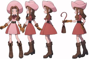 multiple views, model sheet, masterpiece, best quality, facing viewer, sugimori ken \(style\), {big milkers} (full body), 1 girl, {{{ cowgirl hat, pink dress, ruffle dress with string strips, leather belt, women's boots, leather gloves, cactis pokemon}}}, mom and daughter, 1 girl, {White background} <<big milkers>> ,Tachikawa Mimi