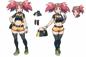 multiple views, Model sheet, masterpiece, best quality, looking at viewer, sugimori ken \(style\), {big milkers} (full body), 1girl, {{{Zoe Drake,1girl, blush, bangs, navel, twintails, jewelry, purple eyes, pink hair, goggles, goggles on head,choker, midriff, open clothes, thighhighs, crop top, open vest, shorts, shoes, belt, wristband,black thighhighs, black crop top, yellow vest, yellow shorts, green shoes, vest over crop top,  }}}, semi-nude, mom and daughter, 1girl, {White background} <<big milkers>> SMAce, masterpiece, best quality, masterpiece, perfect hands, tight pants, thick thighs {{illustration}}, {best quality}, {{hi res}},mallow \(pokemon\)