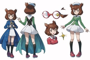 multiple views, Model sheet, masterpiece, best quality, looking at viewer, sugimori ken \(style\), {big milkers} (full body), 1girl,  {{{ Bianca, alone, brown eyes, bangs, tree, green shirt, white skirt, makeup, wristwatch, hats }}}, semi-nude, mom and daughter, 1girl, {White background} <<big milkers>> SMAce, masterpiece, best quality, , masterpiece, {{illustration}}, {best quality}, {{hi res}},tashigi,glasses,AGE REGRESSION,kinomoto sakura,Cardcaptor_Sakura,Bianca