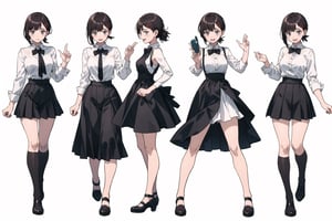 multiple views, Model sheet, masterpiece, best quality, looking at viewer, sugimori ken \(style\), {big milkers} (full body), 1girl,  {{{ 
solo, Kobeni , white shirt  (scared:0.6), tears, black tie, takeda hiromitsu style, white sleeveless shirt, black formal mini skirt  }}}, semi-nude, mom and daughter, 1girl, {White background} <<big milkers>> SMAce, masterpiece, best quality, , masterpiece, {{illustration}}, {best quality}, {{hi res}},
