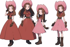 multiple views, model sheet, masterpiece, best quality, facing viewer, sugimori ken \(style\), {big milkers} (full body), 1 girl, {{{ cowgirl hat, pink dress, ruffle dress with string strips, leather belt, women's boots, leather gloves, cactis pokemon}}}, mom and daughter, 1 girl, {White background} <<big milkers>> ,Tachikawa Mimi