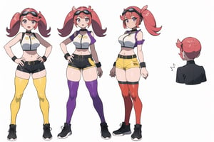 multiple views, Model sheet, masterpiece, best quality, looking at viewer, sugimori ken \(style\), {big milkers} (full body), 1girl, {{{Zoe Drake,1girl, blush, bangs, navel, twintails, jewelry, purple eyes, pink hair, goggles, goggles on head,choker, midriff, open clothes, thighhighs, crop top, open vest, shorts, shoes, belt, wristband,black thighhighs, black crop top, yellow vest, yellow shorts, green shoes, vest over crop top,  }}}, semi-nude, mom and daughter, 1girl, {White background} <<big milkers>> SMAce, masterpiece, best quality, masterpiece, perfect hands, tight pants, thick thighs {{illustration}}, {best quality}, {{hi res}},mallow \(pokemon\)