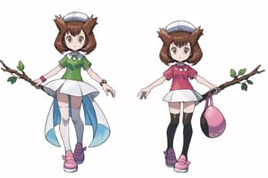 multiple views, Model sheet, masterpiece, best quality, looking at viewer, sugimori ken \(style\), {big milkers} (full body), 1girl,  {{{ Bianca, alone, brown eyes, bangs, tree, green shirt, white skirt, makeup, wristwatch, hats }}}, semi-nude, mom and daughter, 1girl, {White background} <<big milkers>> SMAce, masterpiece, best quality, , masterpiece, {{illustration}}, {best quality}, {{hi res}},tashigi,glasses,AGE REGRESSION,kinomoto sakura,Cardcaptor_Sakura,Bianca