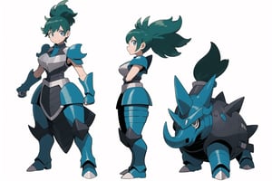 multiple views, Model sheet, masterpiece, best quality, looking at viewer, sugimori ken \(style\), {big milkers} (full body), 1girl,  {{{grey rock armor, plate armor}}}, semi-nude, mom and daughter, 1girl, {White background} <<big milkers>>Rhyhorn, Inko Midoriya,  rock rhino, Rhyhorn, Ground type, InkoMidoriya, 