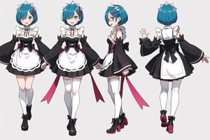 multiple views, Model sheet, masterpiece, best quality, looking at viewer, sugimori ken \(style\), {big milkers} (full body), 1girl,  {{{  roswaal mansion maid uniform, rem (re:zero), breasts, blue hair,Shiny smile, solo, hair over one eye, blue eyes, short hair, maid, cleavage, hair ornament, x hair ornament, (jumping),rises both legs,looking at viewer, detached sleeves, smile, open mouth, ribbon, pink ribbon, hair ribbon }}}, semi-nude, mom and daughter, 1girl, {White background} <<big milkers>> SMAce, masterpiece, best quality, , masterpiece, {{illustration}}, {best quality}, {{hi res}},tashigi,glasses,AGE REGRESSION