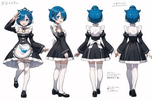 multiple views, Model sheet, masterpiece, best quality, looking at viewer, sugimori ken \(style\), {big milkers} (full body), 1girl,  {{{  roswaal mansion maid uniform, rem (re:zero), breasts, blue hair,Shiny smile, solo, hair over one eye, blue eyes, short hair, maid, cleavage, hair ornament, x hair ornament, (jumping),rises both legs,looking at viewer, detached sleeves, smile, open mouth, ribbon, pink ribbon, hair ribbon }}}, semi-nude, mom and daughter, 1girl, {White background} <<big milkers>> SMAce, masterpiece, best quality, , masterpiece, {{illustration}}, {best quality}, {{hi res}},tashigi,glasses,AGE REGRESSION