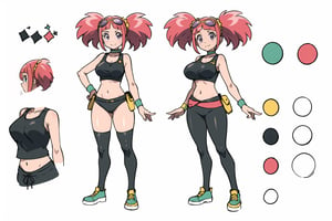 multiple views, Model sheet, masterpiece, best quality, looking at viewer, sugimori ken \(style\), {big milkers} (full body), 1girl, {{{Zoe Drake, 1girl, blush, bangs, navel, twintails, jewelry, purple eyes, pink hair, goggles, goggles on head, choker, abdomen, open clothing, thigh highs, crop top, open vest, shoes, wristband, black thighs, black crop top, yellow vest, panty stocking, vest over short top, thong}}}, semi-nude, mom and daughter, 1girl, {White background} <<big milkers>> SMAce, masterpiece, best quality, masterpiece, perfect hands, tight pants, thick thighs {{illustration}}, {best quality}, {{hi res}},mallow \(pokemon\)