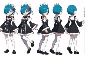 multiple views, Model sheet, masterpiece, best quality, looking at viewer, sugimori ken \(style\), {big milkers} (full body), 1girl,  {{{  roswaal mansion maid uniform, rem (re:zero), breasts, blue hair,Shiny smile, solo, hair over one eye, blue eyes, short hair, maid, cleavage, hair ornament, x hair ornament, (jumping),rises both legs,looking at viewer, detached sleeves, smile, open mouth, ribbon, pink ribbon, hair ribbon }}}, semi-nude, mom and daughter, 1girl, {White background} <<big milkers>> SMAce, masterpiece, best quality, , masterpiece, {{illustration}}, {best quality}, {{hi res}},tashigi,glasses,AGE REGRESSION