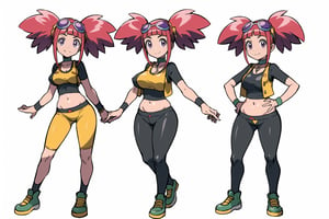 multiple views, Model sheet, masterpiece, best quality, looking at viewer, sugimori ken \(style\), {big milkers} (full body), 1girl, {{{Zoe Drake, 1girl, blush, bangs, navel, twintails, jewelry, purple eyes, pink hair, goggles, goggles on head, choker, abdomen, open clothing, thigh highs, crop top, open vest, shoes, wristband, black thighs, black crop top, yellow vest, panty stocking, vest over short top, thong}}}, semi-nude, mom and daughter, 1girl, {White background} <<big milkers>> SMAce, masterpiece, best quality, masterpiece, perfect hands, tight pants, thick thighs {{illustration}}, {best quality}, {{hi res}},mallow \(pokemon\)