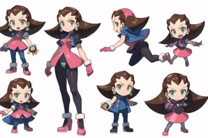 multiple views, Model sheet, masterpiece, best quality, looking at viewer, sugimori ken \(style\), {big milkers} (full body), 1girl,  {{{ tron_bonne_megamanl, 1 girl, solo, green eyes, brown hair, gloves, earrings, headband, jewelry, short jacket, pantyhose, pink gloves, hair up,Tron Bonne MegaMan Legends }}}, semi-nude, mom and daughter, 1girl, {White background} <<big milkers>> SMAce, masterpiece, best quality, , masterpiece, {{illustration}}, {best quality}, {{hi res}},Carina,iris_megamanx,tron_bonne_megamanl