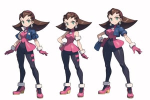multiple views, Model sheet, masterpiece, best quality, looking at viewer, sugimori ken \(style\), {big milkers} (full body), 1girl,  {{{ tron_bonne_megamanl, 1 girl, solo, green eyes, brown hair, gloves, earrings, headband, jewelry, short jacket, pantyhose, pink gloves, hair up,Tron Bonne MegaMan Legends }}}, semi-nude, mom and daughter, 1girl, {White background} <<big milkers>> SMAce, masterpiece, best quality, , masterpiece, {{illustration}}, {best quality}, {{hi res}},Carina,iris_megamanx,tron_bonne_megamanl