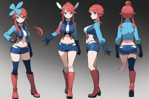 multiple views, Model sheet, masterpiece, best quality, looking at viewer, sugimori ken \(style\), {big milkers} (full body), 1girl,  {{{(pokemonskyla, blue eyes, hair ornament, one side up, red hair, short hair with long locks, sidelocks,BREAK blue footwear, blue gloves, blue jacket, blue shorts, boots, crop top, cropped jacket, gloves, jacket, midriff, navel, short shorts, shorts, thigh pouch}}}, semi-nude, mom and daughter, 1girl, {White background} <<big milkers>> SMAce, masterpiece, best quality, , masterpiece, {{illustration}}, {best quality}, {{hi res}},Kanna Kamui 



