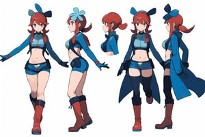 multiple views, Model sheet, masterpiece, best quality, looking at viewer, sugimori ken \(style\), {big milkers} (full body), 1girl,  {{{(pokemonskyla, blue eyes, hair ornament, one side up, red hair, short hair with long locks, sidelocks,BREAK blue footwear, blue gloves, blue jacket, blue shorts, boots, crop top, cropped jacket, gloves, jacket, midriff, navel, short shorts, shorts, thigh pouch}}}, semi-nude, mom and daughter, 1girl, {White background} <<big milkers>> SMAce, masterpiece, best quality, , masterpiece, {{illustration}}, {best quality}, {{hi res}},Kanna Kamui 



