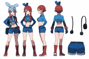 multiple views, Model sheet, masterpiece, best quality, looking at viewer, sugimori ken \(style\), {big milkers} (full body), 1girl,  {{{(pokemonskyla, blue eyes, hair ornament, one side up, red hair, short hair with long locks, sidelocks,BREAK blue footwear, blue gloves, blue jacket, blue shorts, boots, crop top, cropped jacket, gloves, jacket, midriff, navel, short shorts, shorts, thigh pouch}}}, semi-nude, mom and daughter, 1girl, {White background} <<big milkers>> SMAce, masterpiece, best quality, , masterpiece, {{illustration}}, {best quality}, {{hi res}},Kanna Kamui 



