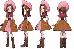 multiple views, model sheet, masterpiece, best quality, facing viewer, sugimori ken \(style\), {big milkers} (full body), 1 girl, {{{ cowgirl hat, pink dress, ruffle dress with string strips, leather belt, women's boots, leather gloves, cactis pokemon}}}, mom and daughter, 1 girl, {White background} <<big milkers>> ,Tachikawa Mimi