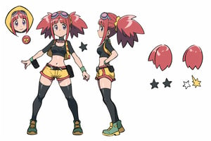 multiple views, Model sheet, masterpiece, best quality, looking at viewer, sugimori ken \(style\), {big milkers} (full body), 1girl, {{{Zoe Drake,1girl, blush, bangs, navel, twintails, jewelry, purple eyes, pink hair, goggles, goggles on head,choker, midriff, open clothes, thighhighs, crop top, open vest, shorts, shoes, belt, wristband,black thighhighs, black crop top, yellow vest, yellow shorts, green shoes, vest over crop top,  }}}, semi-nude, mom and daughter, 1girl, {White background} <<big milkers>> SMAce, masterpiece, best quality, masterpiece, perfect hands, tight pants, thick thighs {{illustration}}, {best quality}, {{hi res}},mallow \(pokemon\)