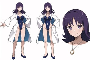 multiple views, Model sheet, masterpiece, best quality, looking at viewer, sugimori ken \(style\), {big milkers} (full body), 1girl,  {{{masterpiece, best quality, profivy-nvwls-v1, profivy, purple hair, labcoat, necklace, looking at viewer, large breasts, smile, one-piece swimsuit }}}, semi-nude, mom and daughter, 1girl, {White background} <<big milkers>> SMAce, masterpiece, best quality, , masterpiece, {{illustration}}, {best quality}, {{hi res}},Kanna Kamui 



,profIvy