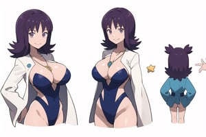 multiple views, Model sheet, masterpiece, best quality, looking at viewer, sugimori ken \(style\), {big milkers} (full body), 1girl,  {{{masterpiece, best quality, profivy-nvwls-v1, profivy, purple hair, labcoat, necklace, looking at viewer, large breasts, smile, one-piece swimsuit }}}, semi-nude, mom and daughter, 1girl, {White background} <<big milkers>> SMAce, masterpiece, best quality, , masterpiece, {{illustration}}, {best quality}, {{hi res}},Kanna Kamui 



,profIvy