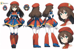 multiple views, Model sheet, masterpiece, best quality, looking at viewer, sugimori ken \(style\), {big milkers} (full body), 1girl,  {{{ iris_megamanx, 1girl, solo, android, long hair, breasts, brown hair, hat, green eyes, white gloves, beret, white footwear, }}}, semi-nude, mom and daughter, 1girl, {White background} <<big milkers>> SMAce, masterpiece, best quality, , masterpiece, {{illustration}}, {best quality}, {{hi res}},Carina,iris_megamanx