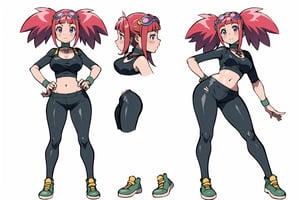 multiple views, Model sheet, masterpiece, best quality, looking at viewer, sugimori ken \(style\), {big milkers} (full body), 1girl, {{{Zoe Drake, 1girl, blush, bangs, navel, twintails, jewelry, purple eyes, pink hair, goggles, goggles on head, choker, abdomen, open clothing, thigh highs, crop top, open vest, shoes, wristband, black thighs, black crop top, yellow vest, panty stocking, vest over short top, thong}}}, semi-nude, mom and daughter, 1girl, {White background} <<big milkers>> SMAce, masterpiece, best quality, masterpiece, perfect hands, tight pants, thick thighs {{illustration}}, {best quality}, {{hi res}},mallow \(pokemon\)