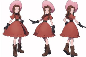 multiple views, model sheet, masterpiece, best quality, facing viewer, sugimori ken \(style\), {big milkers} (full body), 1 girl, {{{ cowgirl hat, pink dress, ruffle dress with string strips, leather belt, women's boots, leather gloves, cactis pokemon}}}, mom and daughter, 1 girl, {White background} <<big milkers>> ,Tachikawa Mimi