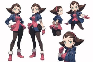 multiple views, Model sheet, masterpiece, best quality, looking at viewer, sugimori ken \(style\), {big milkers} (full body), 1girl,  {{{ tron_bonne_megamanl, 1 girl, solo, green eyes, brown hair, gloves, earrings, headband, jewelry, short jacket, pantyhose, pink gloves, hair up,Tron Bonne MegaMan Legends }}}, semi-nude, mom and daughter, 1girl, {White background} <<big milkers>> SMAce, masterpiece, best quality, , masterpiece, {{illustration}}, {best quality}, {{hi res}},Carina,iris_megamanx,tron_bonne_megamanl