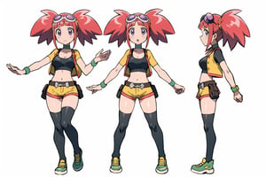 multiple views, Model sheet, masterpiece, best quality, looking at viewer, sugimori ken \(style\), {big milkers} (full body), 1girl, {{{Zoe Drake,1girl, blush, bangs, navel, twintails, jewelry, purple eyes, pink hair, goggles, goggles on head,choker, midriff, open clothes, thighhighs, crop top, open vest, shorts, shoes, belt, wristband,black thighhighs, black crop top, yellow vest, yellow shorts, green shoes, vest over crop top,  }}}, semi-nude, mom and daughter, 1girl, {White background} <<big milkers>> SMAce, masterpiece, best quality, masterpiece, perfect hands, tight pants, thick thighs {{illustration}}, {best quality}, {{hi res}},mallow \(pokemon\)