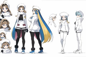 multiple views, Model sheet, masterpiece, best quality, looking at viewer, sugimori ken \(style\), {big milkers} (full body), 1girl,  {{{ pokemonmelony, blue eyes, eyelashes, long hair, multicolored hair, highlighted hair, gray hair, (large breasts:1.2), open mouth, smile, BREAK earrings, gloves, hat, jewelry, long sleeves, pantyhose, pantyhose under the shorts, scarf, shorts, single glove, snowflakes, sweater, white hat, white scarf, white sweater,  }}}, semi-nude, mom and daughter, 1girl, {White background} <<big milkers>> SMAce, masterpiece, best quality, , masterpiece, {{illustration}}, {best quality}, {{hi res}},tashigi,glasses,AGE REGRESSION,kinomoto sakura,Cardcaptor_Sakura,Bianca