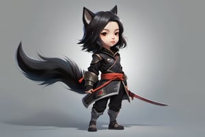 (black background: 1.4), original, (illustration: 1.1), (best quality), (masterpiece: 1.1), (color: 0.9), (medium lens: 1.4), full body, character concept art, clear and sharp focus, interior, looking at the audience, ((beautiful)), chibi wolf, lively pose, short hair, grey ninja outfit