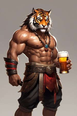 (black background: 1.4), original, (illustration: 1.1), (best quality), (masterpiece: 1.1), (color: 0.9), (medium lens: 1.4), full body, character concept art, clear and sharp focus, interior, looking at the audience, ((beautiful)), muscular tiger warrior, drinking Redhorse beer, lively pose,  filipino streets background