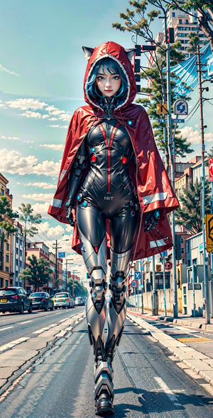 (little red riding hood), hitech combat suit, cybernetic superhero suit, deadly look, walking on road,  wolf ears