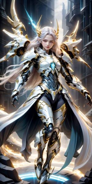 full body shot, (1girl, looking at viewer), ethereal goddess, pastel balayage hair, slight smile, eyes closed, bioluminescent liquid, full (heavy armor:2), transparent armor, translucent skin, subsurface scatter, bloom, short skirt, long flowing cape, dynamic pose, white metalic parts, golden parts, electric elements, muscular body builder, intricate armor, detailed parts, cyborg, fighting hand pose, flying , levitating, floating, speed of sound, LOTR fantasy background ,xxmix_girl,photo r3al,mecha