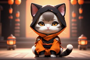 (black background: 1.4), original, (illustration: 1.1), (best quality), (masterpiece: 1.1), (color: 0.9), (medium lens: 1.4), full body, character concept art, clear and sharp focus, interior, looking at the audience, ((beautiful)), chibi cat, lively pose, short hair, orange ninja outfit