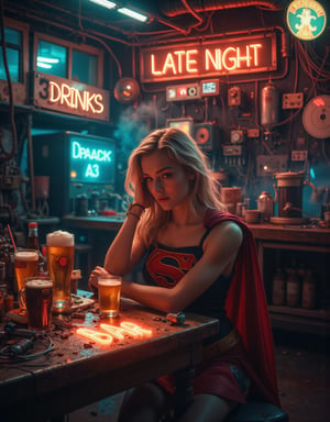 close-up shot, Supergirl sits at a dirty table in a cyberpunk setting, wearing supergirl uniform, red cape, red skirt, muscular and toned skin, and the table is covered in cyberpunk gadgets, wires, drinks, beers and neon lights. Vintage vacuum tubes and Nixie tubes spell out the words "LATE NIGHT" "BAR" "DRINKS" and glow in a warm orange light. The background is a dimly lit, cluttered workshop with holographic displays and spark circuits. Neon signs and LED strips cast a colorful glow on the scene, contrasting with the girl's dreamy whiteness. The atmosphere is a mix of high-tech and filthy aesthetics, with steam rising from the vents and a haze of electronic smog. ,Midjourney_Whisper,futurediff