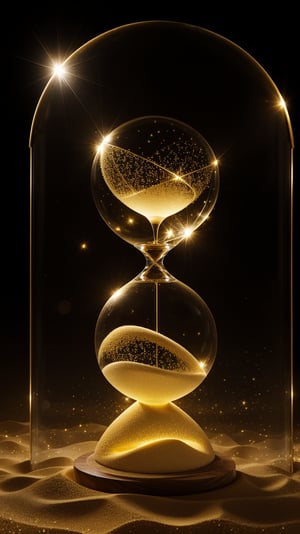 A colossal hourglass of golden sand suspended in mid-air against a starry black background, its delicate curves and swirling grains illuminated by soft, ethereal light. The giant timekeeper's massive glass body glows with a subtle luminescence, as if the sands themselves are infused with an otherworldly energy.