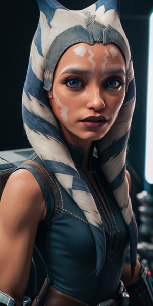 photorealistic stunningly beautiful dynamic [close-up shot], face portrait, 1girl, solo, (blue eyes), ((colored orange skin)), arm tattoos, ahsokatano, extremely detailed eyes, realistic eyeballs, detailed symmetric realistic face, symetric eyeballs, small eyeballs, natural orange skin texture, extremely detailed orange skin, with skin pores, peach fuzz, small freckels, small lips, delicate face, wearing armor, tight shorts, boots, gloves, (lightsaber), (spaceship neon background), masterpiece, absurdres, award winning photo by lee jeffries, nikon d850 film stock photograph, kodak portra 400 camera f1.6 lens, extremely detailed, amazing, fine detail, rich colors, hyper realistic lifelike texture, natural shadow, unrealengine, trending on artstation, cinestill 800 tungsten, photo realistic, RAW photo, TanvirTamim, high quality, highres, sharp focus, cinematic lighting, 8k uhd, clean composition, strong details, beautiful colors, style raw