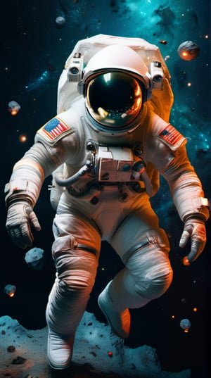 A bioluminescent astronaut in a hi-tech space suit, floating in the dark space among glowing asteroids, surreal photography, cosmic wonder, (by Tim Walker & NASA & Salvador Dali), neon colors, high contrast, featured on National Geographic, outer space scene, realistic details, high resolution