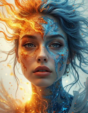 A depiction of a beautiful woman as an Elemental Fusion, blending earth, water, fire, and air. Use golden and pale blue for the fiery and airy elements and umber and cerulean for the earthy and watery aspects