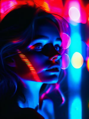 woman illuminated by vibrant electric hues, Reflections multiplying into infinity, Contemplative gaze towards the viewer, Shadows deep and stark, Subtle neon gradients, Ethereal glow on skin, Inner thoughts visualized as glowing symbols. Sharp contrasts between light and dark, film grain, Dreamlike atmosphere, Blurred boundaries between real and reflected