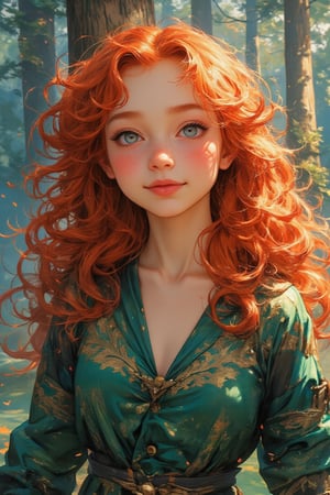 1girl,Soft colorful illustration of Princess Merida from Disney, with a radiant smile. Portrait, vibrant watercolor style,
long, flowing curly red hair, Wearing a green Princess Merida costume. 
Warm blue eyes twinkling with joy, dimples visible. Soft, glowing skin tones,
Background: enchanted forest.
Art style: Blend of realistic features and whimsical, dreamlike elements. Soft edges, no harsh lines. Rich, saturated colors with gentle gradients.
Overall mood: Joyful, celebratory of european culture and youth.,Midjourney_Whisper,animaport