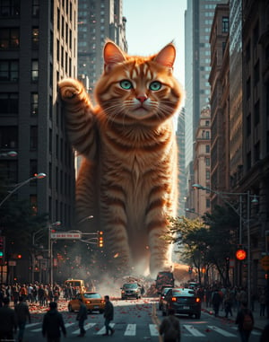 A gigantic, orange tabby cat, its fur detailed with lifelike, hyperrealistic textures, towers above the city skyline, rubbing its massive body against the glass windows of towering skyscrapers. The feline, with curious, glowing green eyes, is gently nudging the buildings, unaware of the destruction it’s causing. Below, tiny people scatter in panic, their faces frozen in expressions of horror, as cars are overturned and homes crushed under the weight of the colossal cat. The city streets, bathed in natural daylight, are a chaotic mix of broken concrete, smashed vehicles, and overturned streetlights. The lighting captures every detail of the scene—the shimmering fur of the cat, the glass reflecting sunlight from the buildings, and the shocked expressions on the people’s faces. The contrast between the cat’s innocent behavior and the humans’ terror creates a surreal yet realistic atmosphere, evoking a sense of awe and chaos, as if an iPhone camera captured this unbelievable moment in perfect clarity. jntsmoscuro