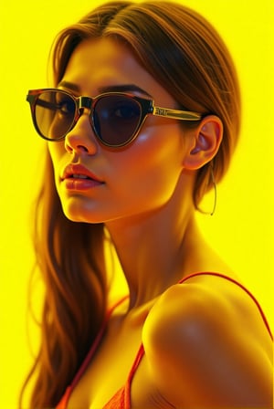 In the style of realistic, a stunning young womanin front of a solid neon yellow background. 