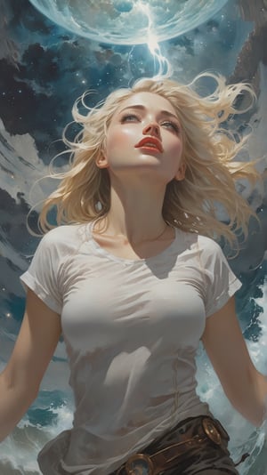 The constellations form infinite paisleys in the sky The condensation tumbles down and erases all my sight And is it in the nightmare map of the cosmos up high? Or is it in the signs? Or stranger still,  just in my eyes?,  art by Clayton Crain,  Stjepan Sejic,  Rachel Walpole,  Jeszika Le Vye,  Peter Mohrbacher,  thunder and portal and dark magic and starlight,  (glowing pupils,  detailed eyes),  1girl,  looking ((crying!!)),  wet white shirt,  blond,  sexy,  Saturn,  Jupiter,  canyon,  cliffs,  ocean,  waves,  Fisheye Lens,  view_from_below,  low_angle,  Leonardo Style